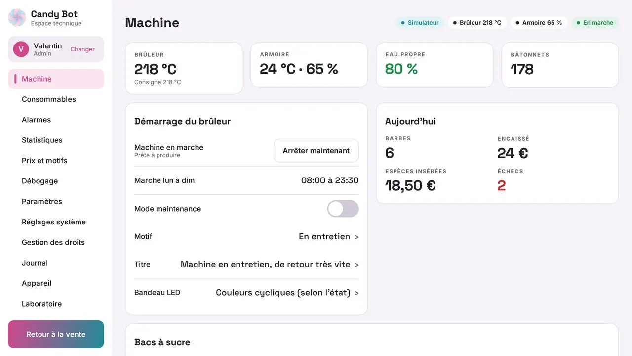 Espace technique de la machine : brûleur, armoire, eau, ventes du jour
