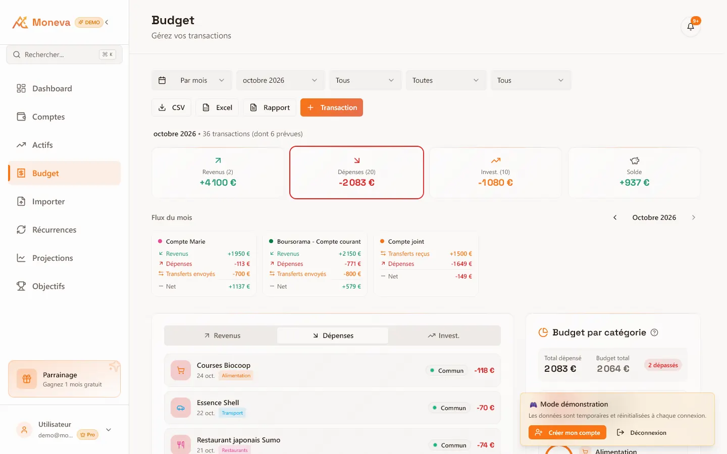 Budget et transactions du mois