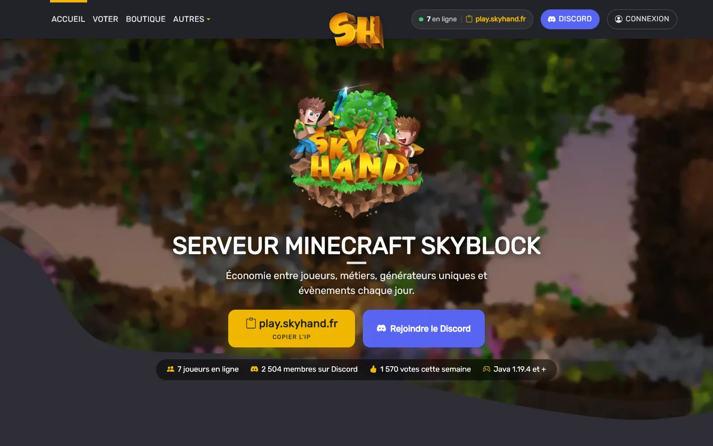 Page d'accueil de skyhand.fr : serveur Minecraft SkyBlock